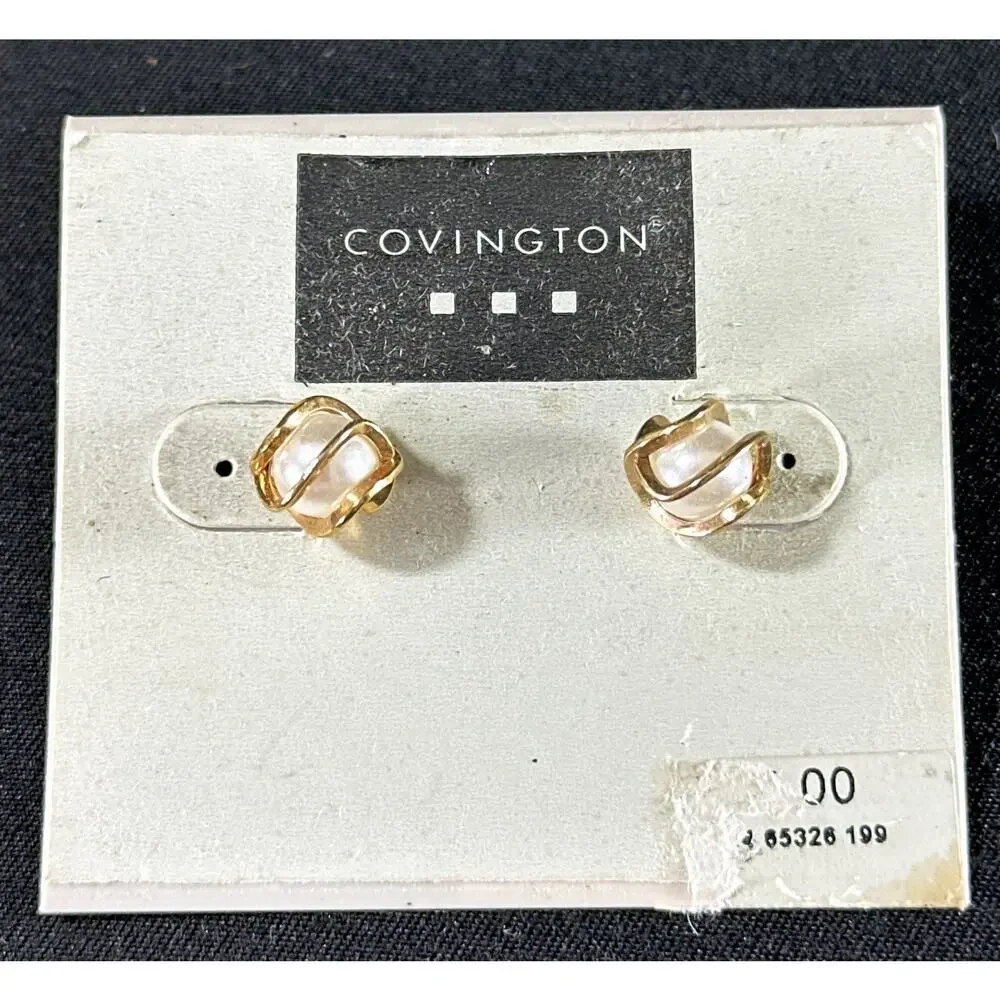 Vintage Covington Faux Pearl Stud Earrings with Gold-Tone Swirl Setting – NWT - Picture 3 of 6